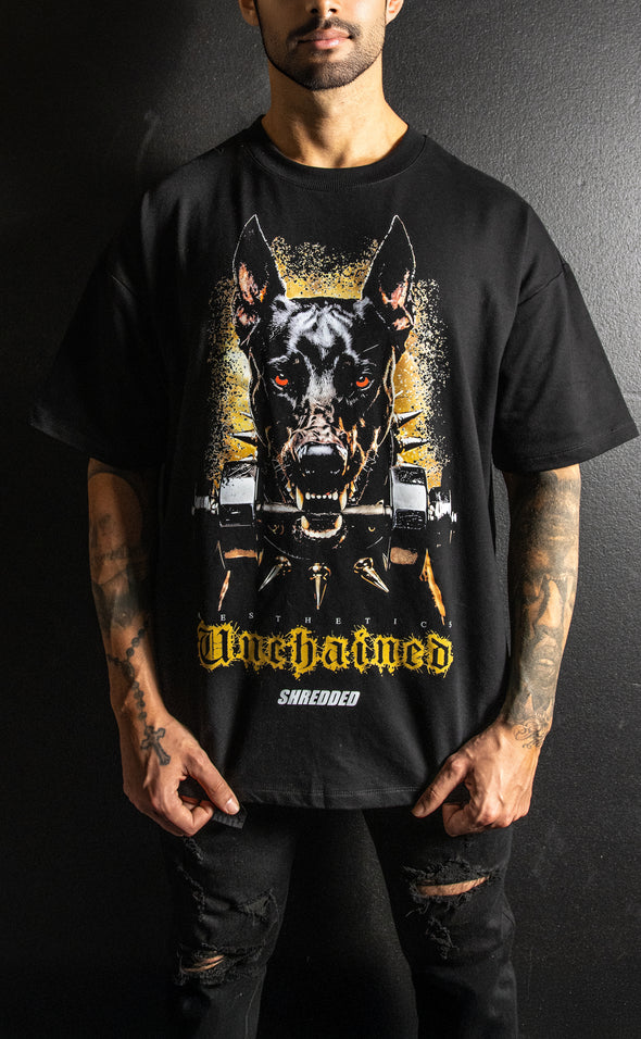 Unchained Doberman- unisex Pump cover - Oversized Gym T-shirt  - Black / Coloured