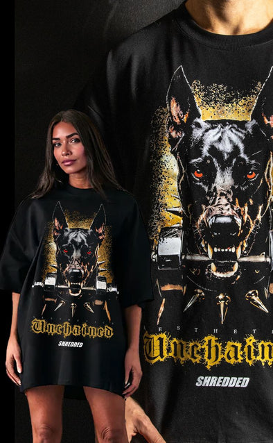 Unchained Doberman- unisex Pump cover - Oversized Gym T-shirt  - Black / Coloured