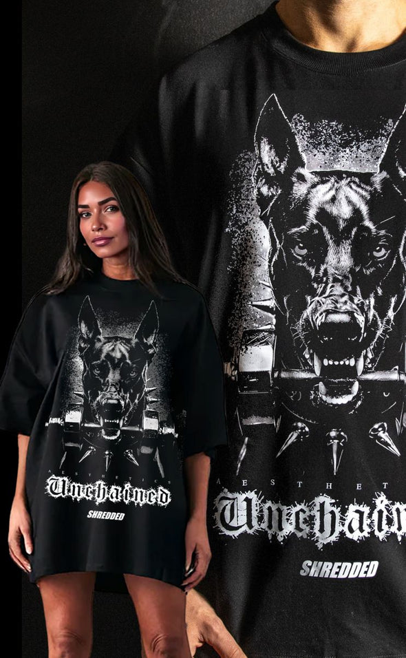 Unchained Doberman- unisex Pump cover - Oversized Gym T-shirt  - Black / White