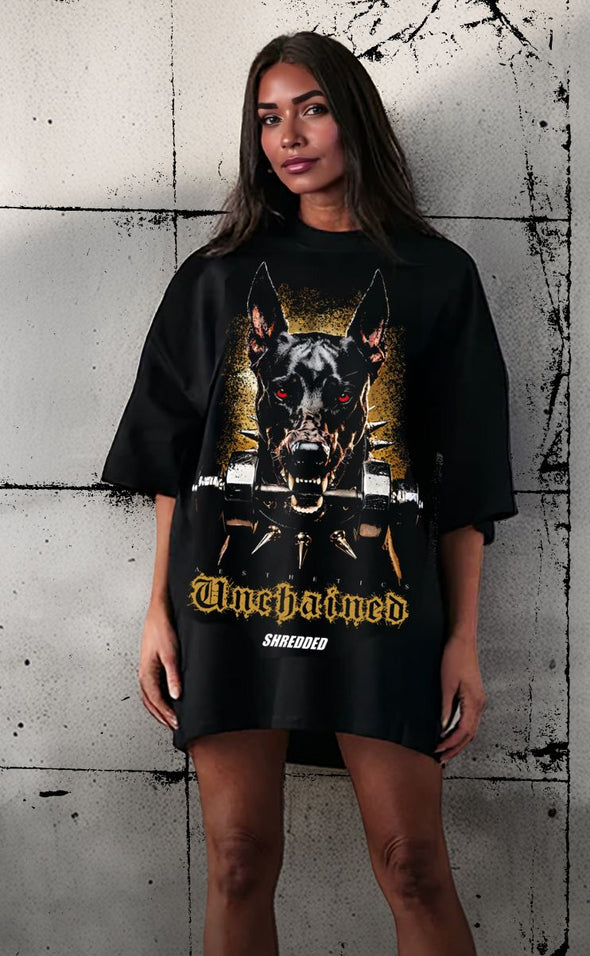 Unchained Doberman- unisex Pump cover - Oversized Gym T-shirt  - Black / Coloured