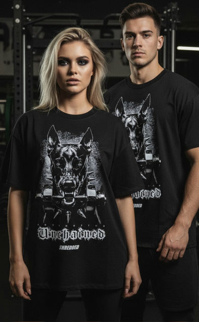 Unchained Doberman- unisex Pump cover - Oversized Gym T-shirt  - Black / White