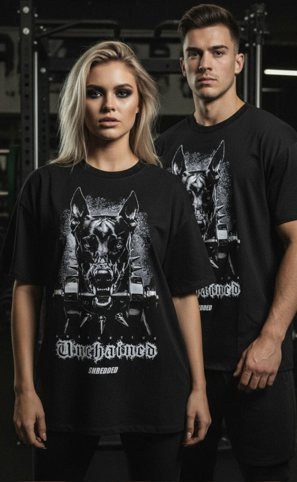 Unchained Doberman- unisex Pump cover - Oversized Gym T-shirt  - Black / White