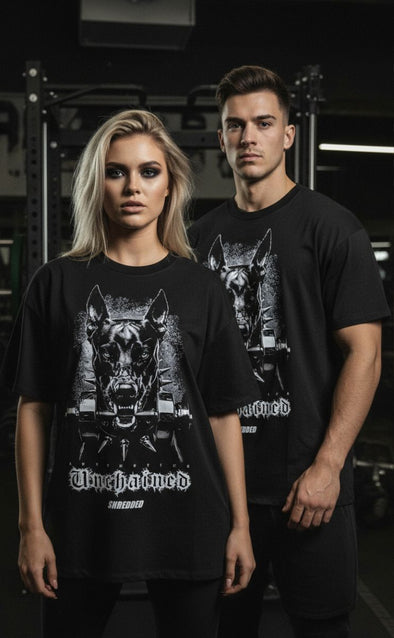Unchained Doberman- unisex Pump cover - Oversized Gym T-shirt  - Black / White