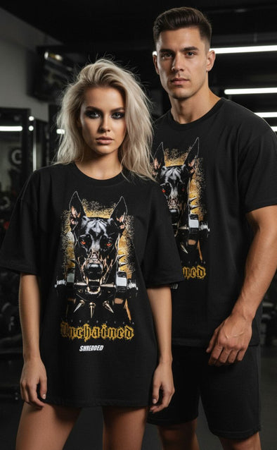 Unchained Doberman- unisex Pump cover - Oversized Gym T-shirt  - Black / Coloured