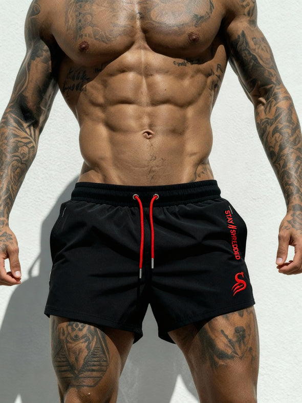 Quads of the Gods Gym Shorts - Premium Lifting Shorts Australia - Black/Red | Stay Shredded
