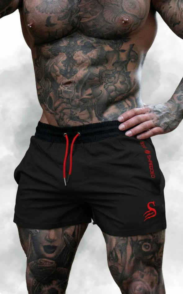 Quads of the Gods | Black/Red Leg Day Shorts | Stay Shredded - Stay Shredded