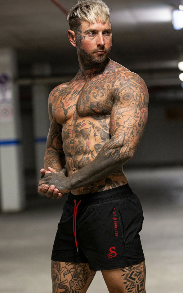 Quads of the Gods | Black/Red Leg Day Shorts | Stay Shredded - Stay Shredded