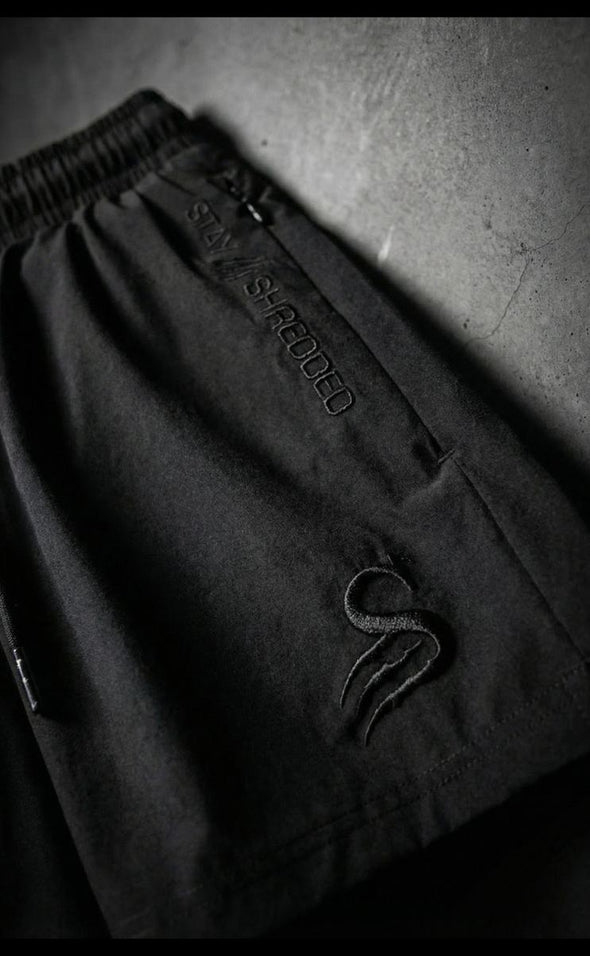 Mens gym shorts Australia featuring zip pocket and drawstring waistband - Quads of the Gods leg day shorts with Stay Shredded embossed branding