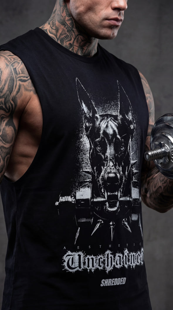 Unchained Doberman Oversized Tank | Men's Gym Singlet Australia | Premium Muscle Tank | Black/White