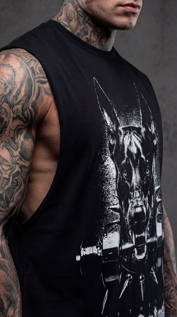Unchained Doberman Oversized Tank | Men's Gym Singlet Australia | Premium Muscle Tank | Black/White