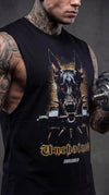 Person wearing a black sleeveless shirt with a graphic design of a dog and text, holding a dumbbell.