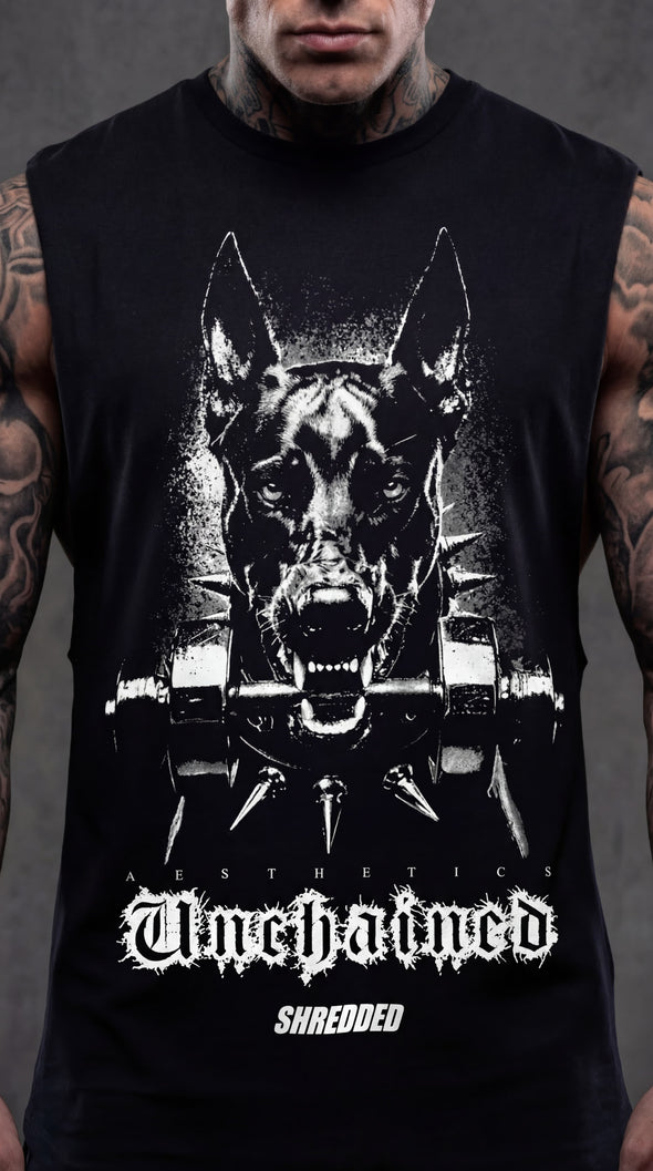 Unchained Doberman Oversized Tank | Men's Gym Singlet Australia | Premium Muscle Tank | Black/White