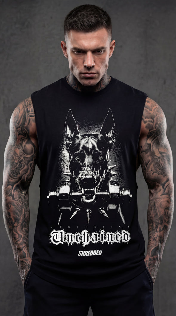 Unchained Doberman Oversized Tank | Men's Gym Singlet Australia | Premium Muscle Tank | Black/White