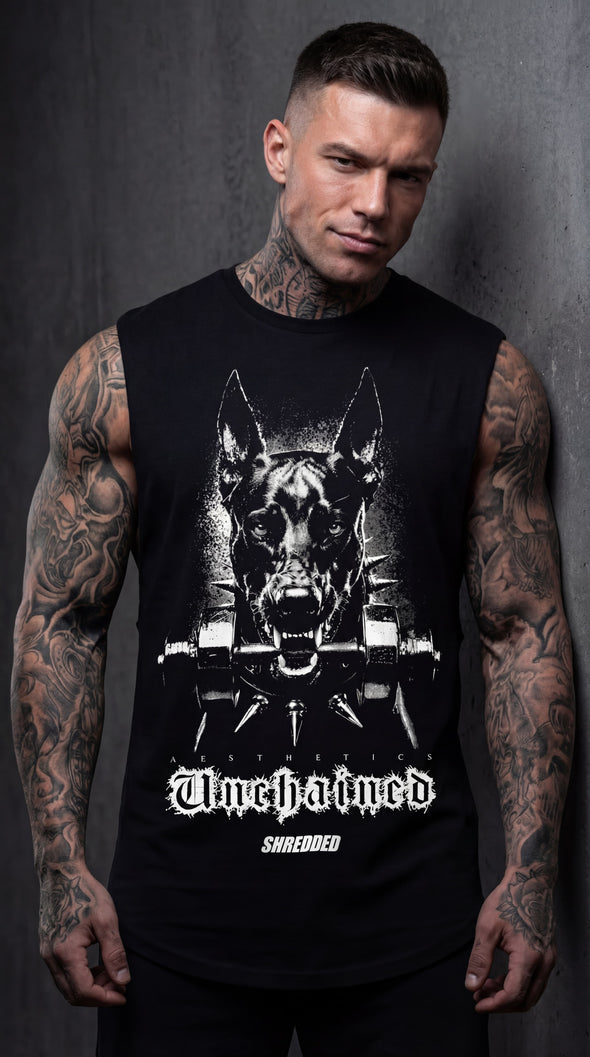 Unchained Doberman Oversized Tank | Men's Gym Singlet Australia | Premium Muscle Tank | Black/White