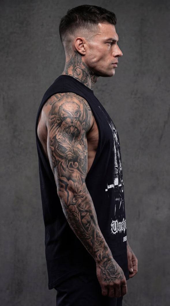 Unchained Doberman Oversized Tank | Men's Gym Singlet Australia | Premium Muscle Tank | Black/White