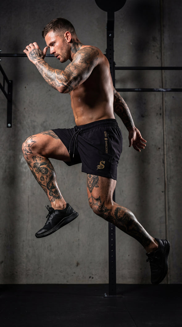 Quads of the Gods Gym Shorts - Premium Lifting Shorts Australia - Black & Gold Exclusive | Stay Shredded
