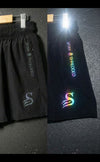 Trip Reflective gym shorts Australia showing colour changing effect - mens reflective gym shorts before and after flash with iridescent rainbow logos Stay Shredded