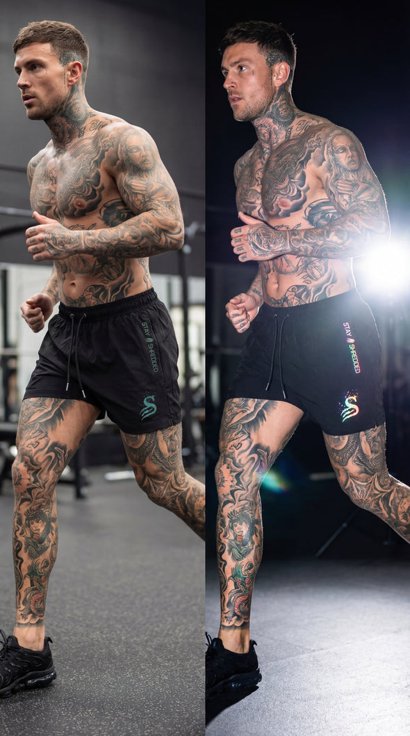 Trip Reflective gym shorts mens Australia showing rainbow iridescent effect on legs - artistic gym lighting photo of colour changing leg day shorts Stay Shredded