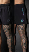 Trip Reflective leg day shorts Australia close-up showing iridescent colour changing Stay Shredded logos on black mens gym shorts before and after flash