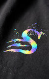 Trip Reflective logo close-up on gym shorts showing iridescent colour shift - Stay Shredded S logo with rainbow holographic effect on mens leg day shorts