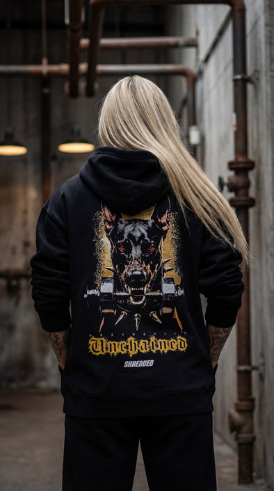 unisex  oversized workout hoodie featuring doberman chain design - Stay Shredded premium streetwear