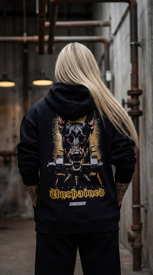 unisex  oversized workout hoodie featuring doberman chain design - Stay Shredded premium streetwear