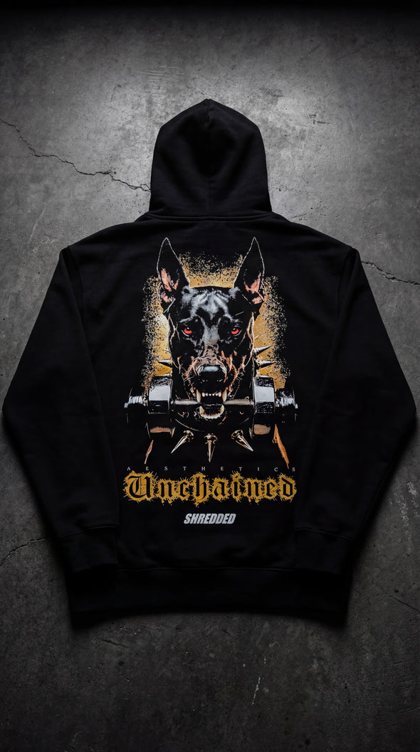Black gym hoodie back view showing large doberman graphic print - unisex fitness apparel