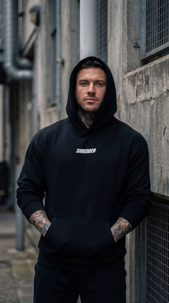 Men's oversized workout hoodie featuring doberman chain design - Stay Shredded premium gym streetwear